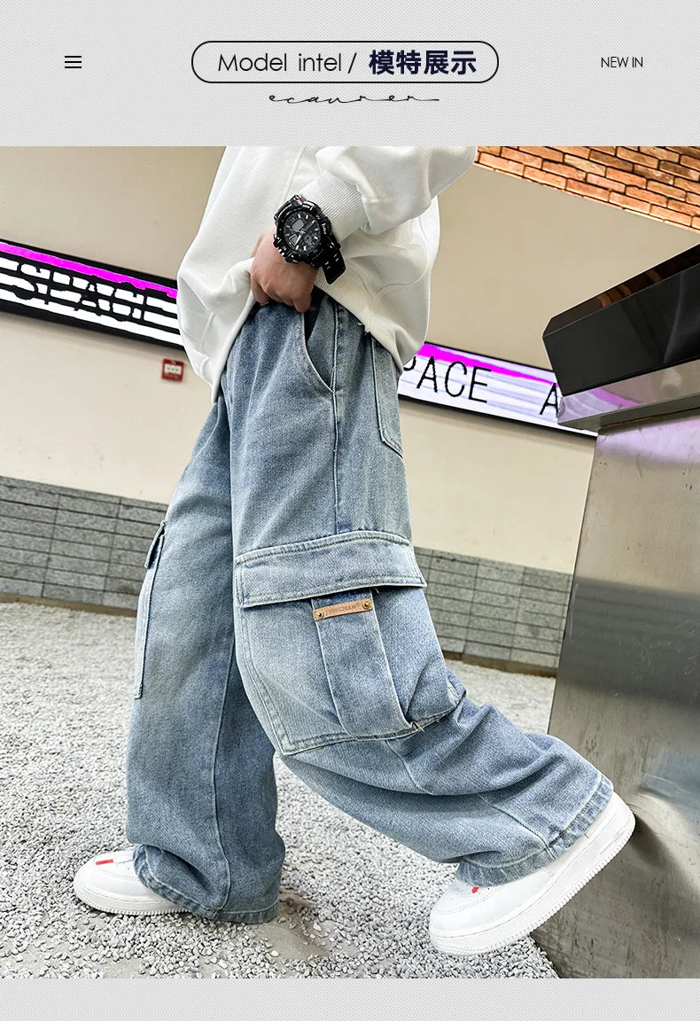 Boys Cargo Denim Jeans, Loose Fit Fashion Trousers