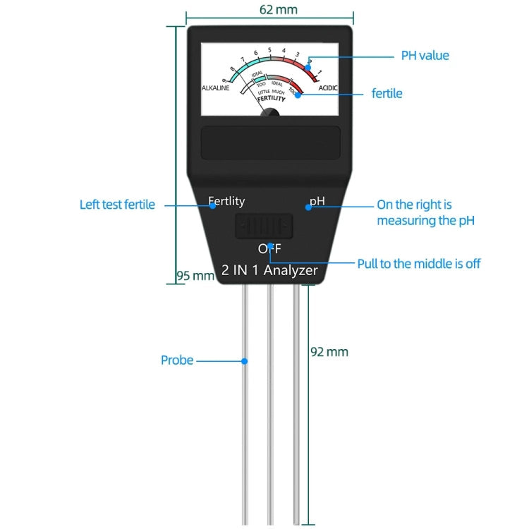 2 in 1 Soil PH Meter Fertility Tester Instrument Gardening Tools with 3 Probes, 2 in 1