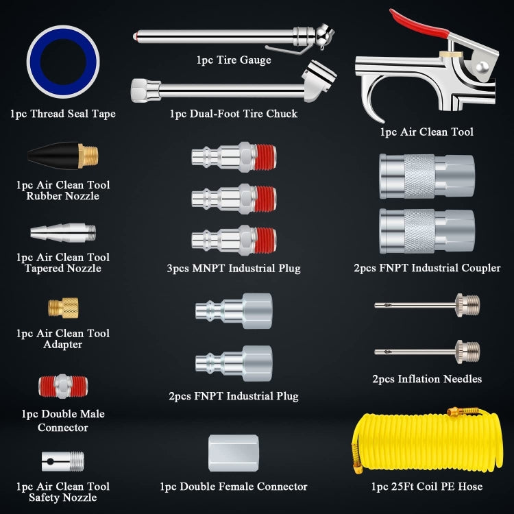 20 In 1 Air Compressor Kit 1/4 Inch NPT Air Tool Kit With 7.5m Coil Nylon Hose