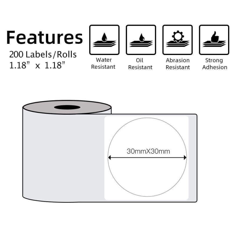For Phomemo M110 / M200 200pcs /Roll 30x30mm Round Self-Adhesive Thermal Labels, 200pcs /Roll 30x30mm Round