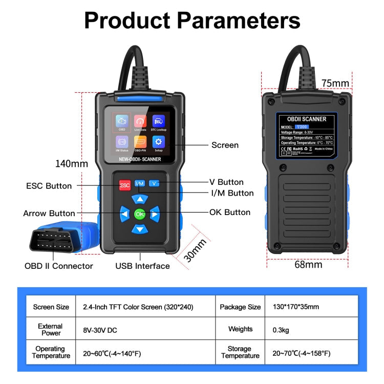Automobile Fault Diagnostic Instrument OBD2 Engine Tester ELM327, T200