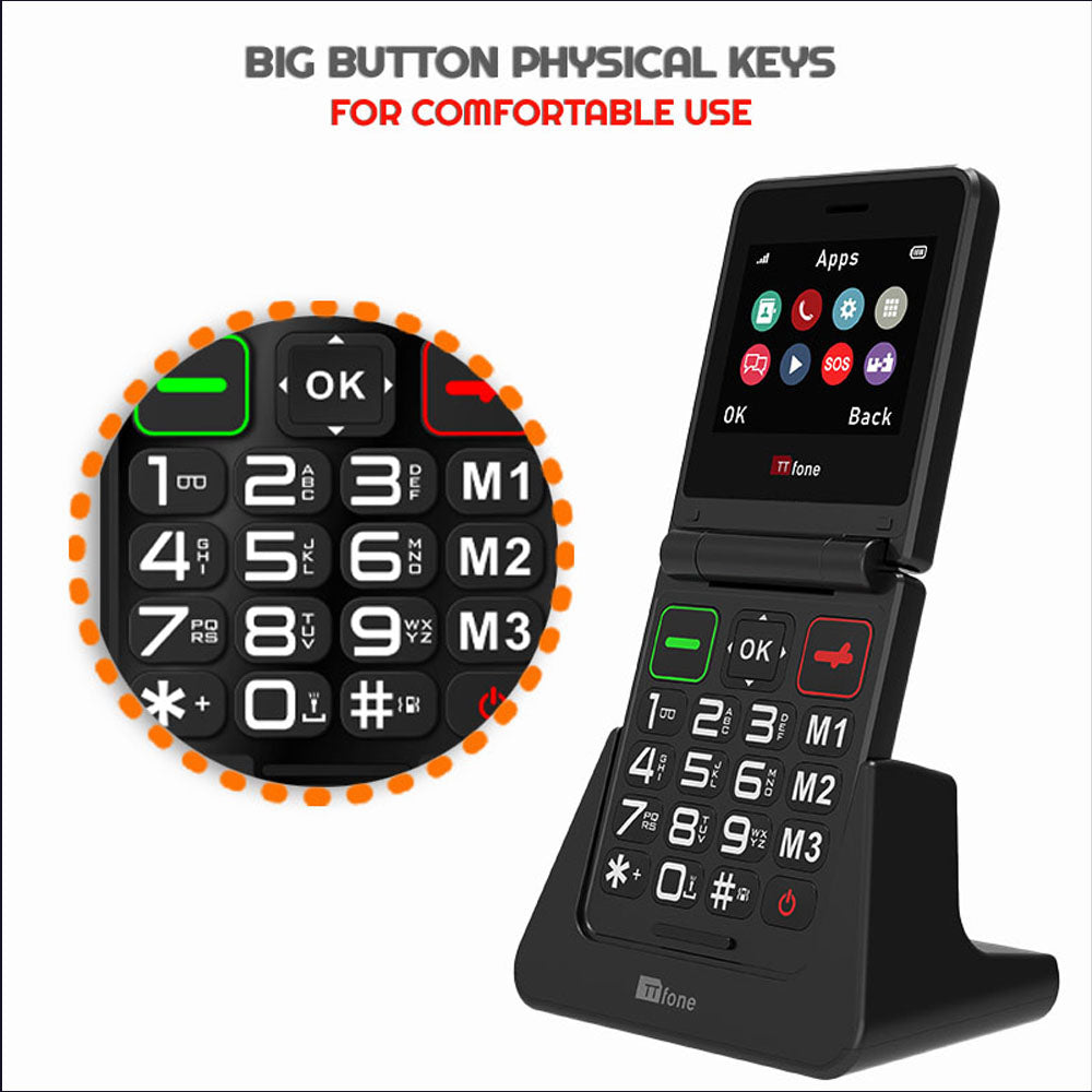 TTfone TT660 Flip Big Button Mobile with EE SIM, USB C Dock Charger