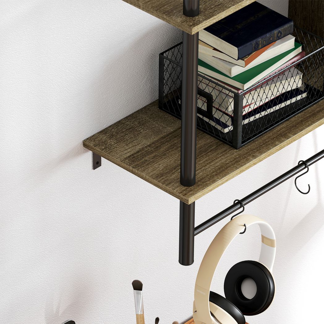 HOMCOM Wall Shelf Unit with 4 Hooks for Living Room Grey Wood Effect