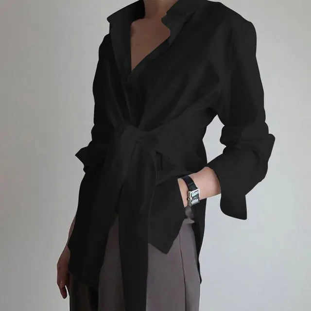 Chic Long Sleeve Ruched Tie Front Blouse for Women - Elegant Office Attire in Black, White, Blue
