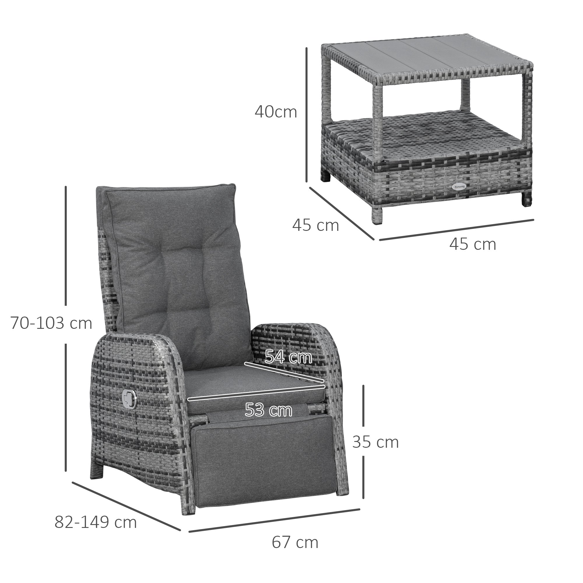 3 Pcs Rattan Chaise Lounge Sofa Set Bistro & Cushion Mixed Grey