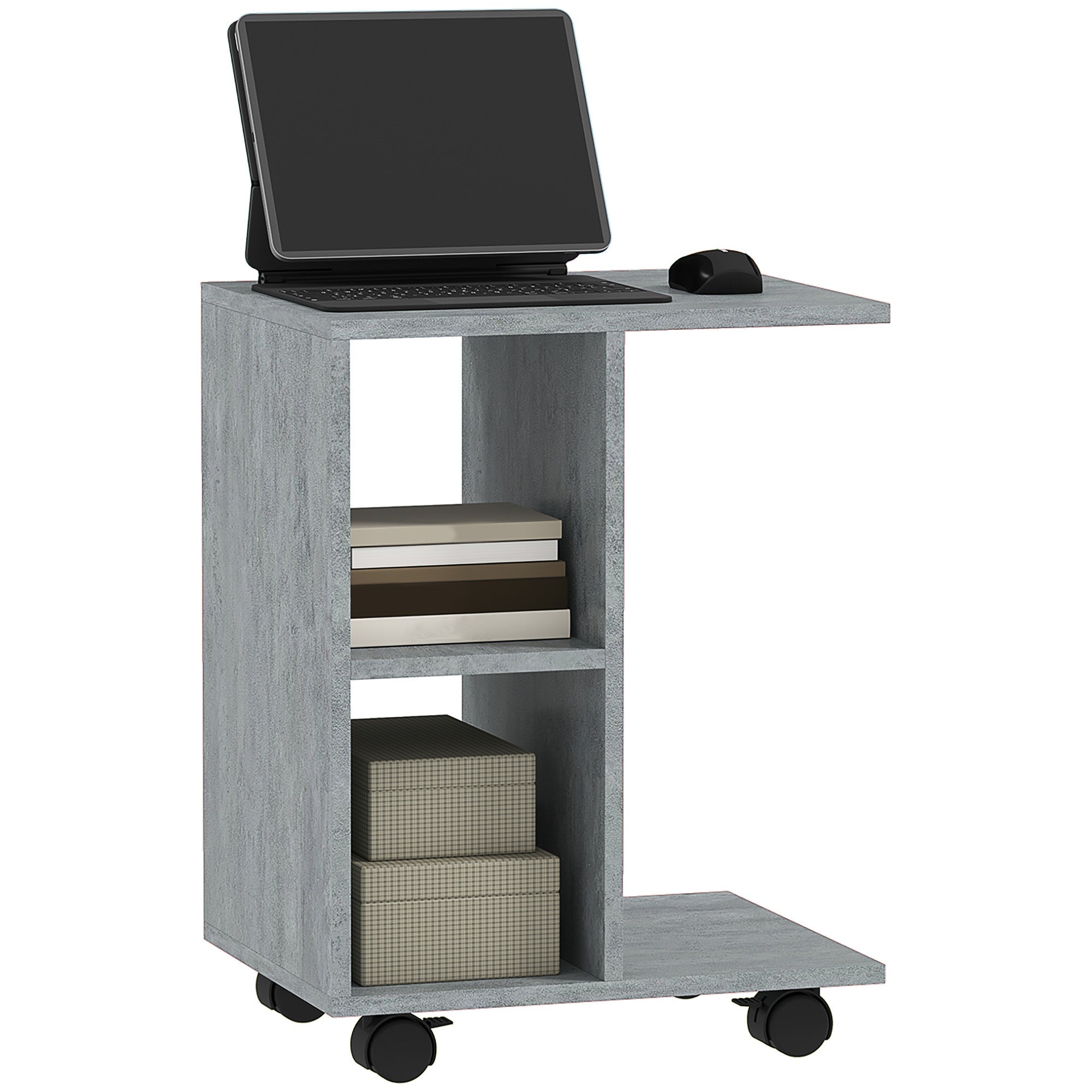 HOMCOM C-Shape End Table Storage Unit w/ 2 Shelves 4 Wheels Home Office
