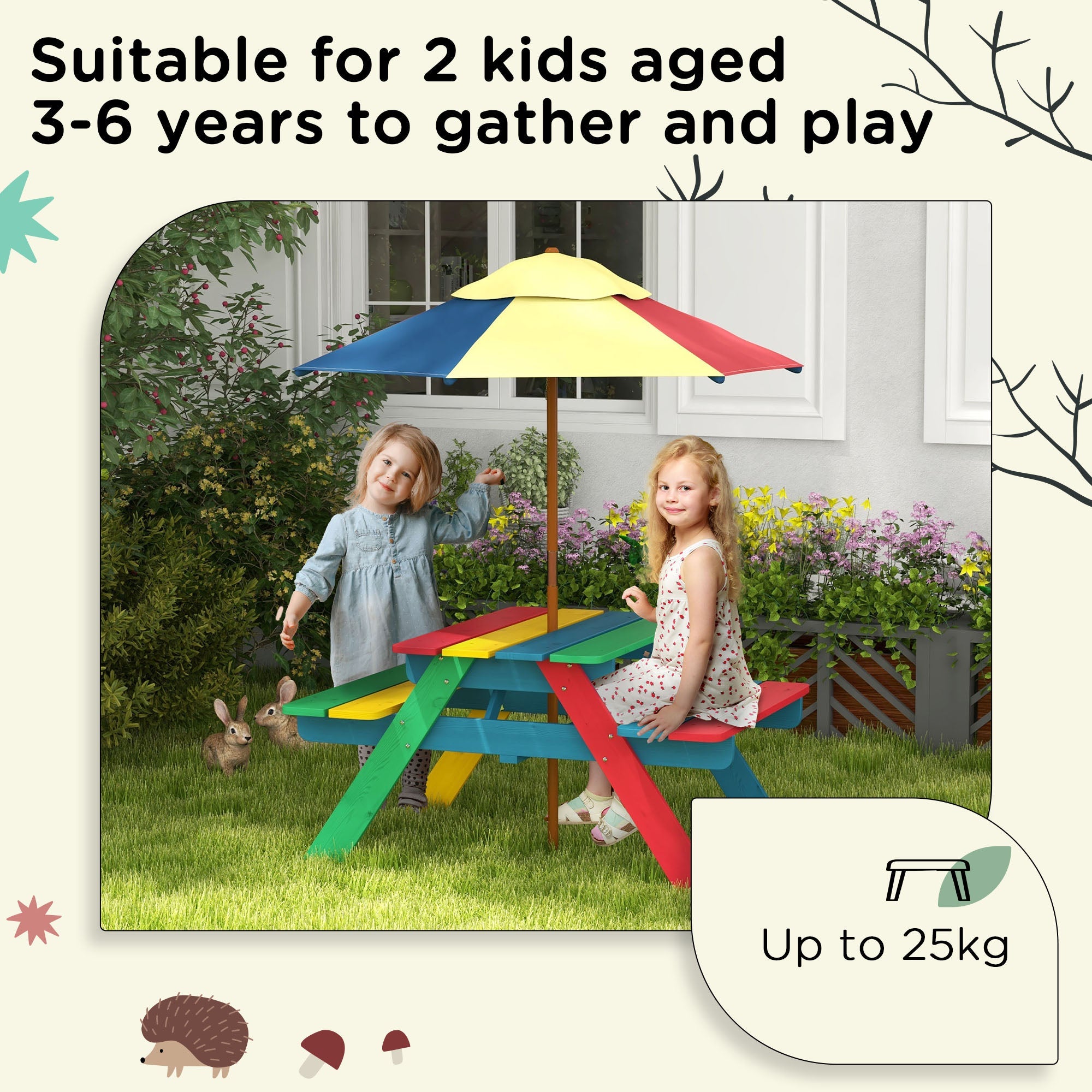 Outsunny Kids Table and Chair Set w/ Removable Parasol, for Ages 3-6 Years