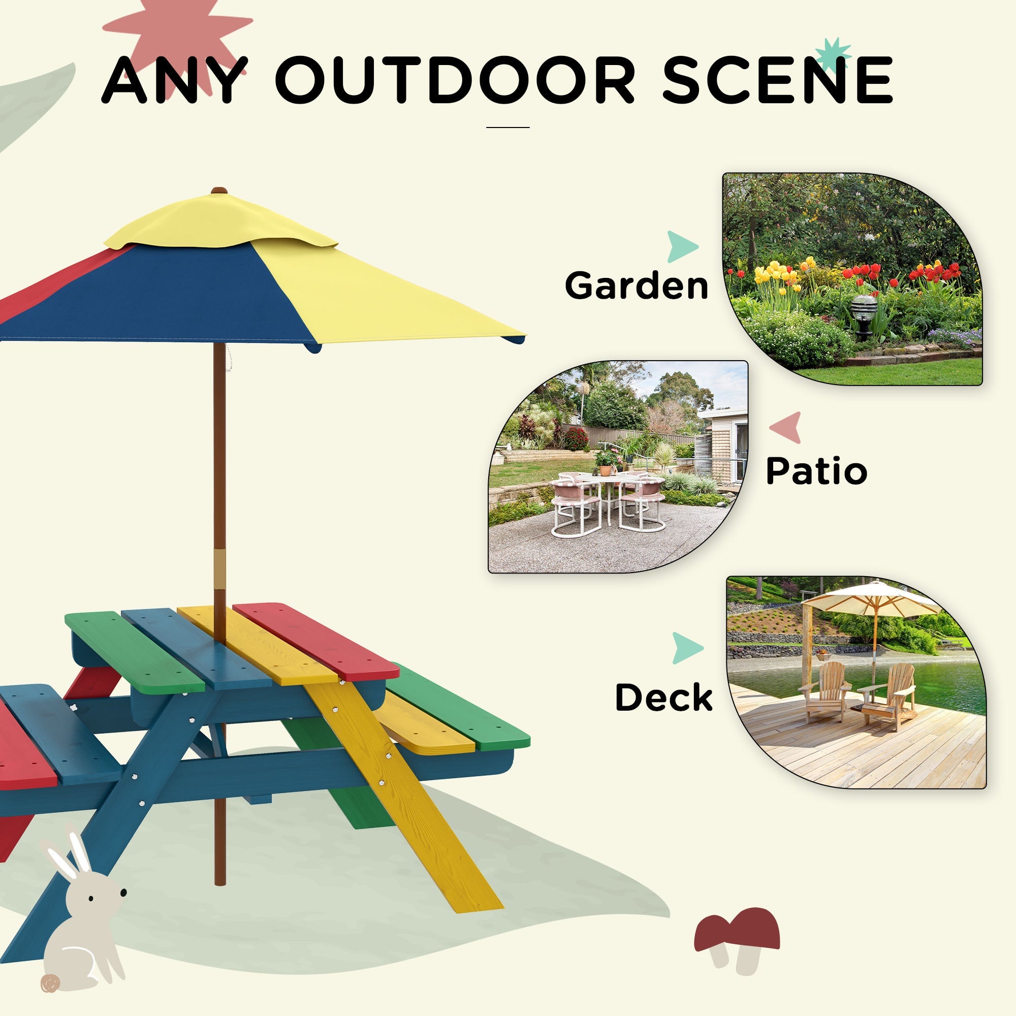 Outsunny Kids Table and Chair Set w/ Removable Parasol, for Ages 3-6 Years