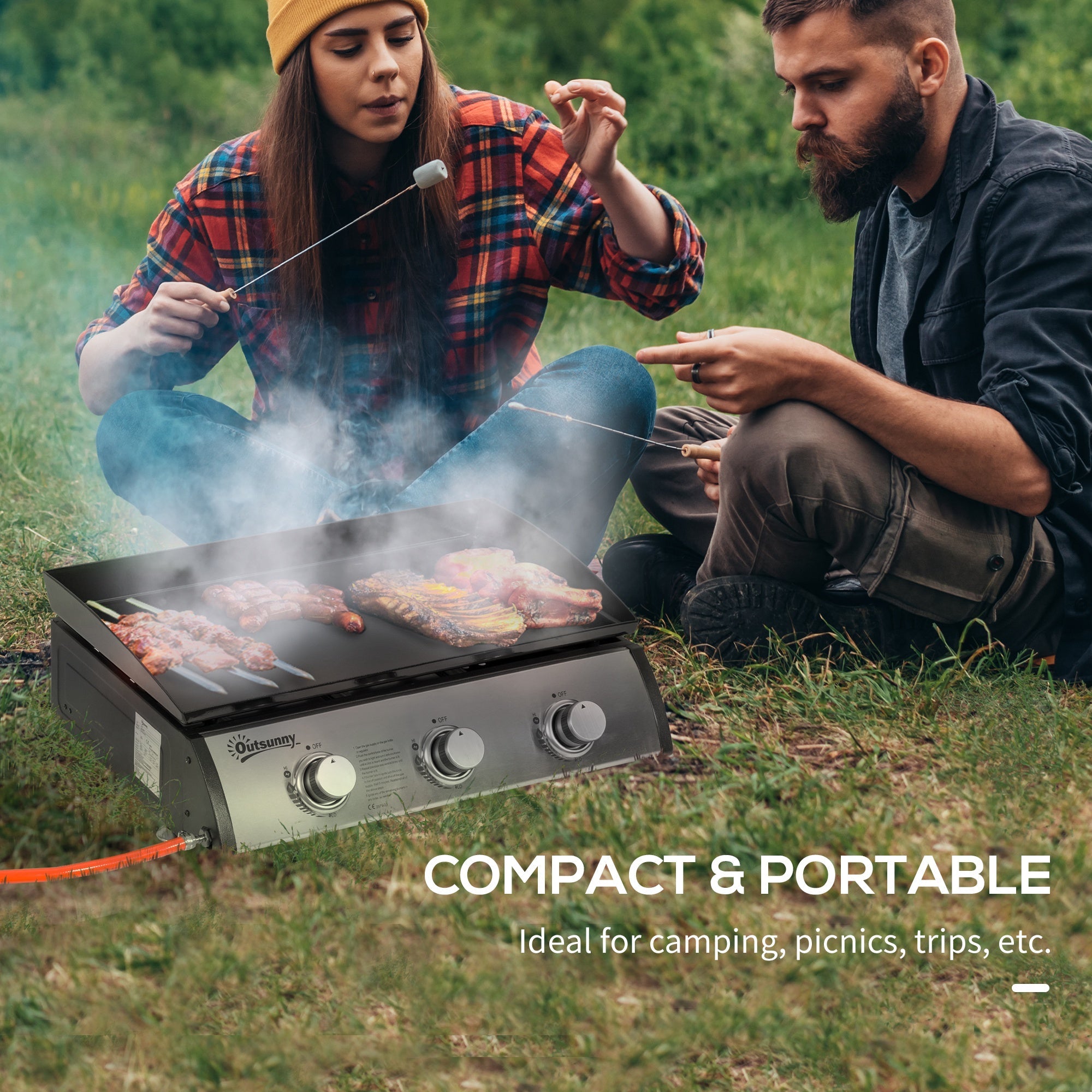 Outsunny Portable Gas Plancha BBQ Grill with 3 Burners, Non-Stick Griddle, Lid