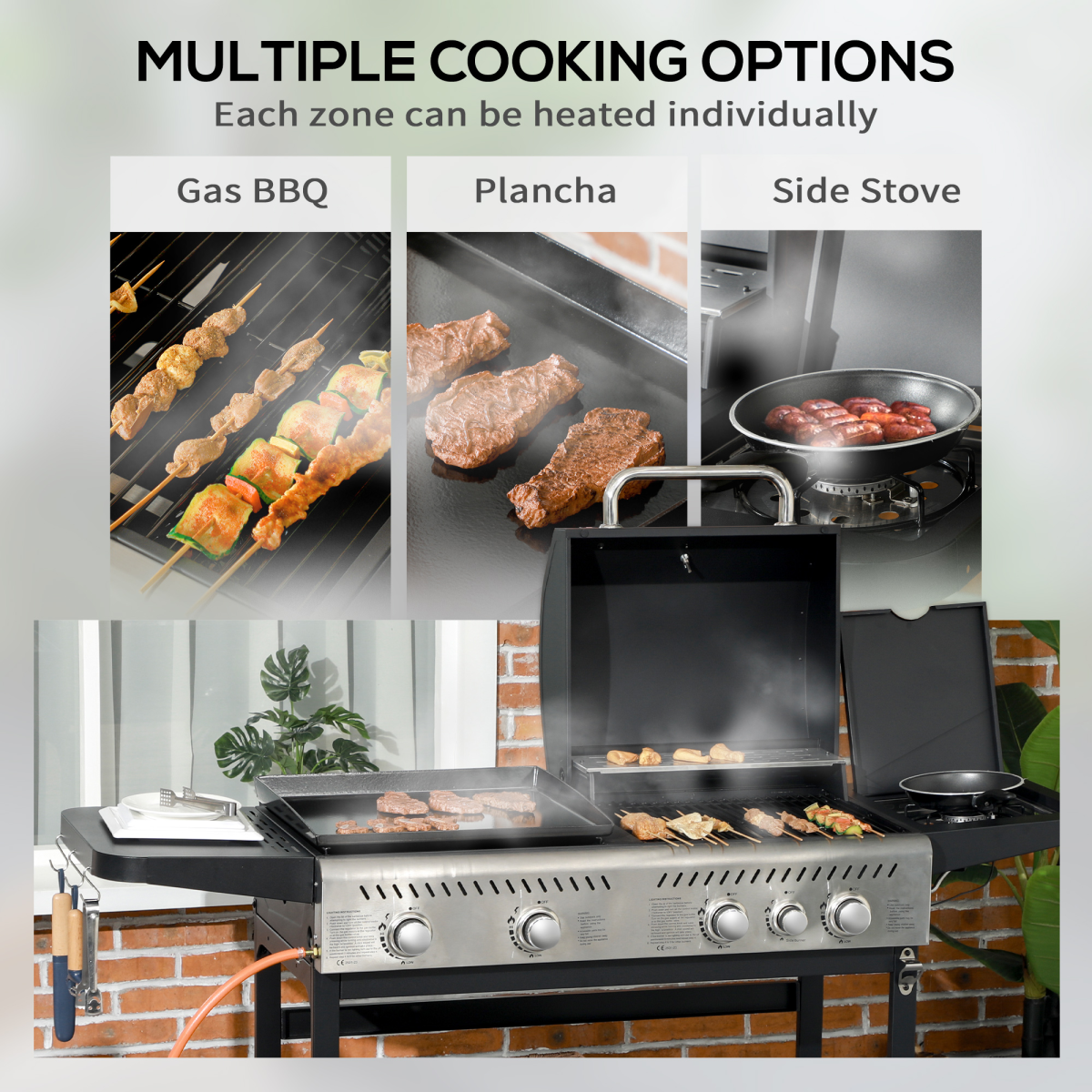 Outsunny Gas Grill and Plancha with 15 kW 4+1 Burners for Garden Party Festival