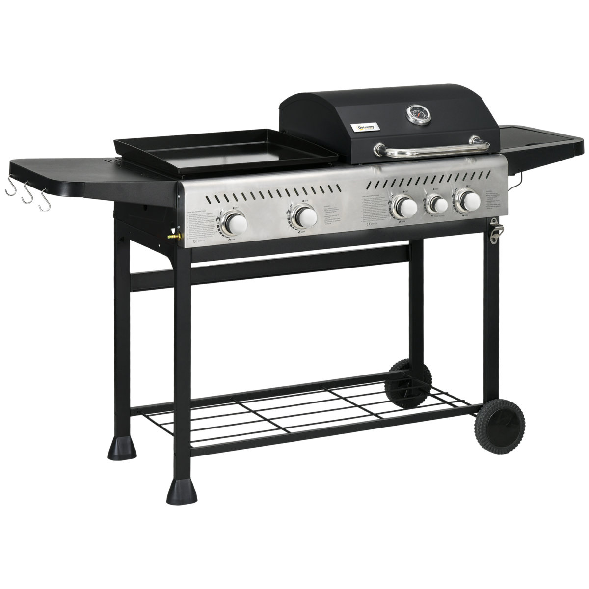 Outsunny Gas Grill and Plancha with 15 kW 4+1 Burners for Garden Party Festival