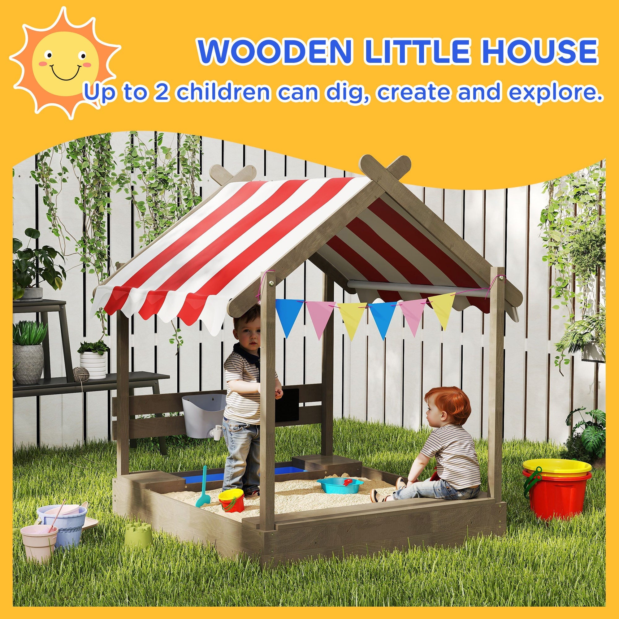 Outsunny Sand Pit with Canopy, Blackboard, Toys, Sink, Seats, Flags for Kids