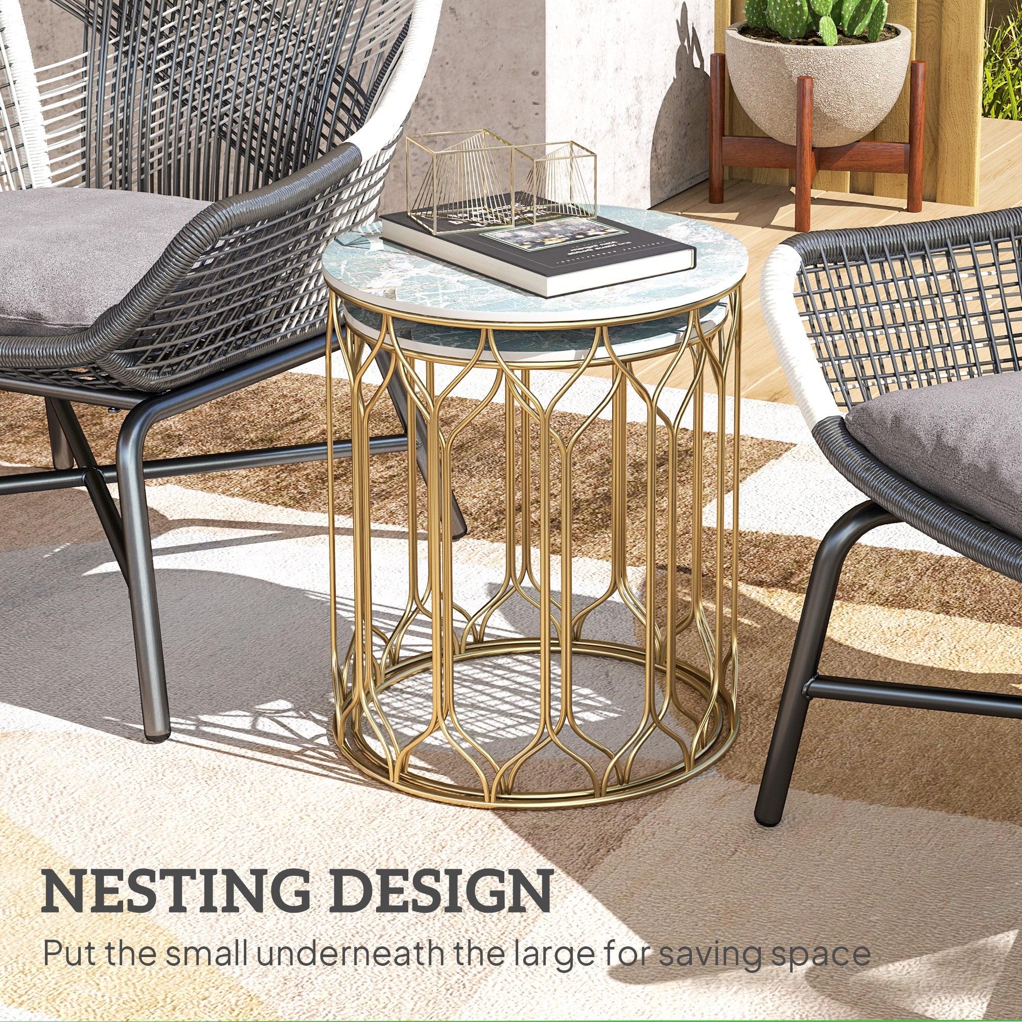 Outsunny Nesting Small Garden Table Set of 2 with Marble Effect Top
