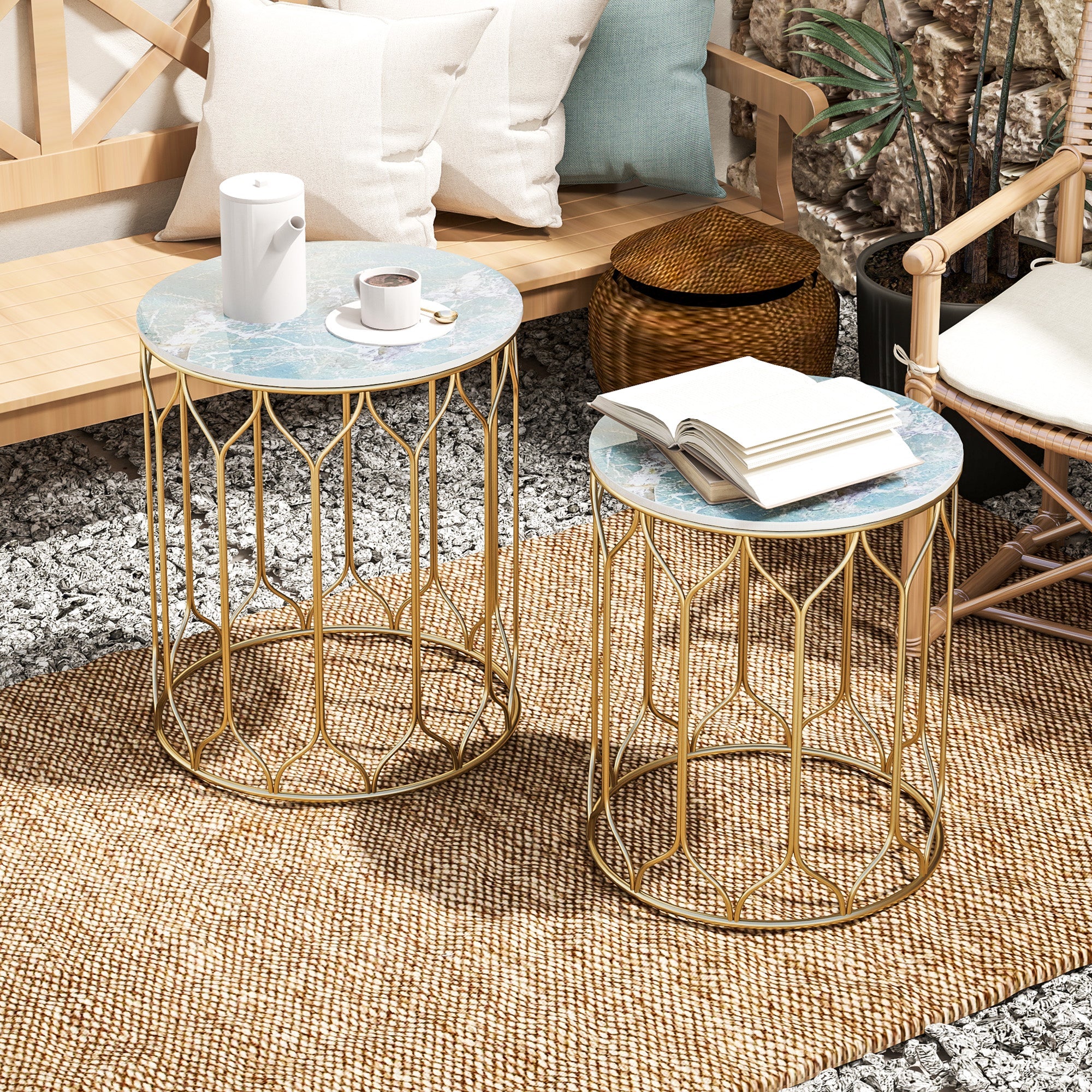 Outsunny Nesting Small Garden Table Set of 2 with Marble Effect Top