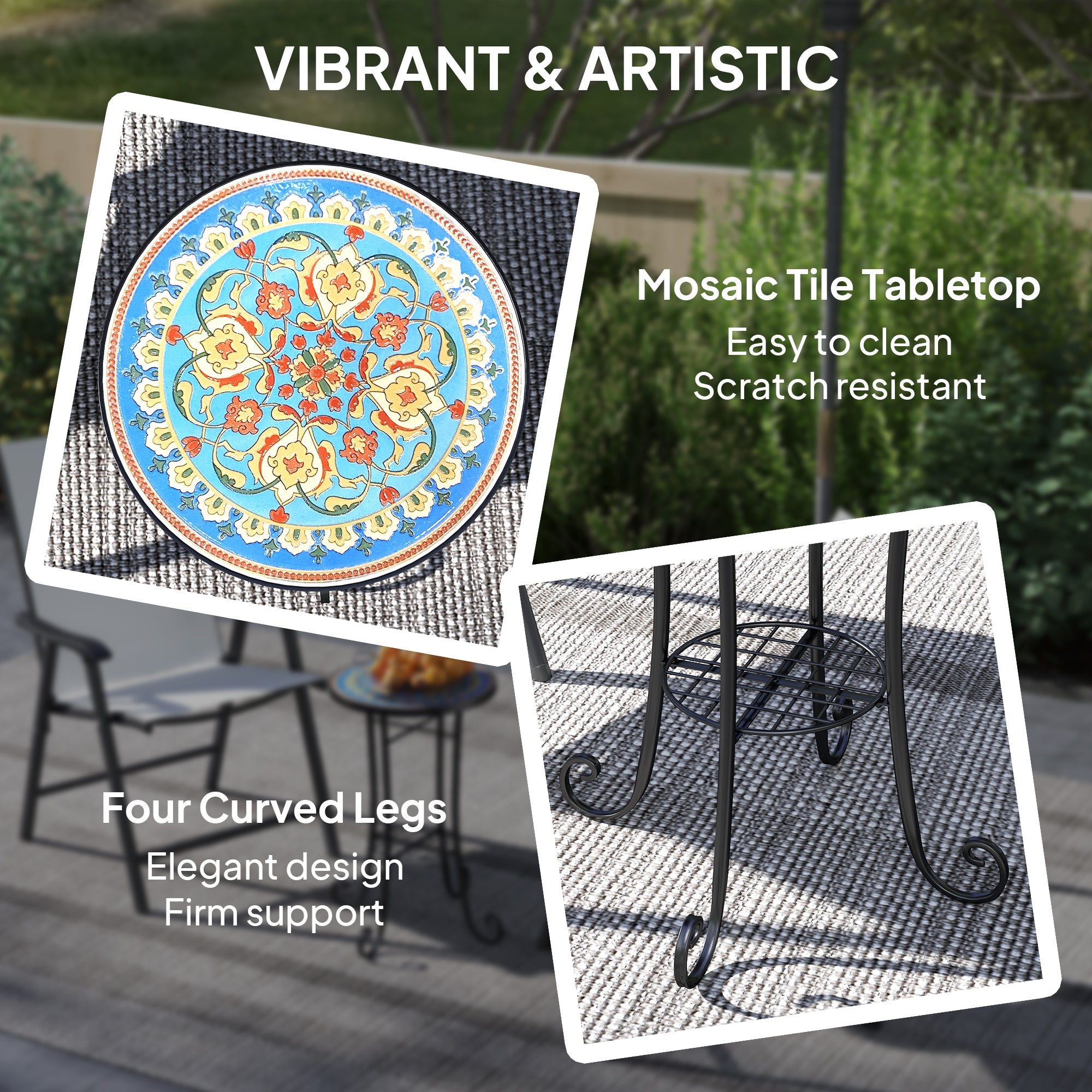 Outsunny 35.5cm Round Mosaic Garden Side Table Plant Stand w/ Shelf