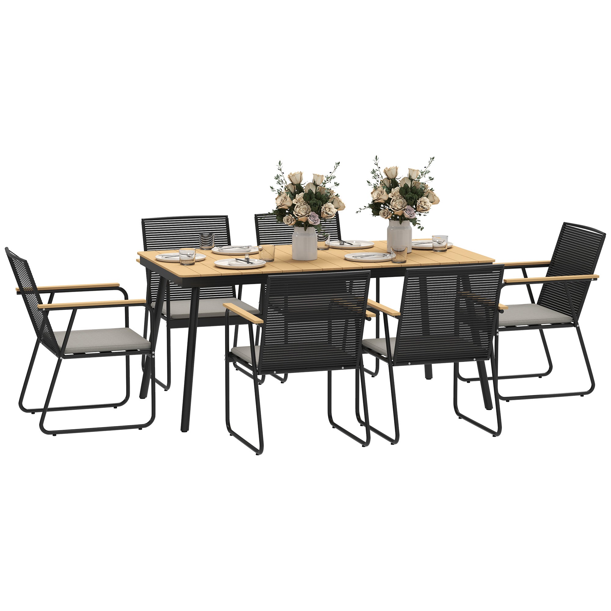 Outsunny 6 Seater Garden Dining Set with Cushions Rattan Backrest