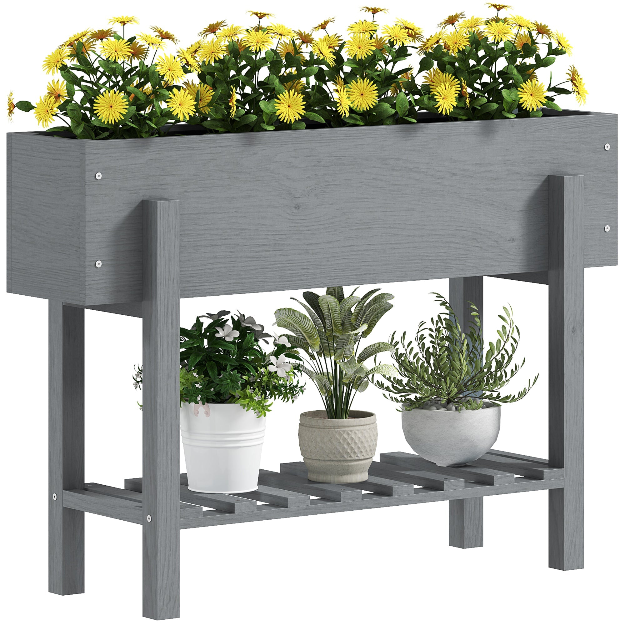 Outsunny Wooden Raised Bed w/ Bed Liner, Storage Shelf