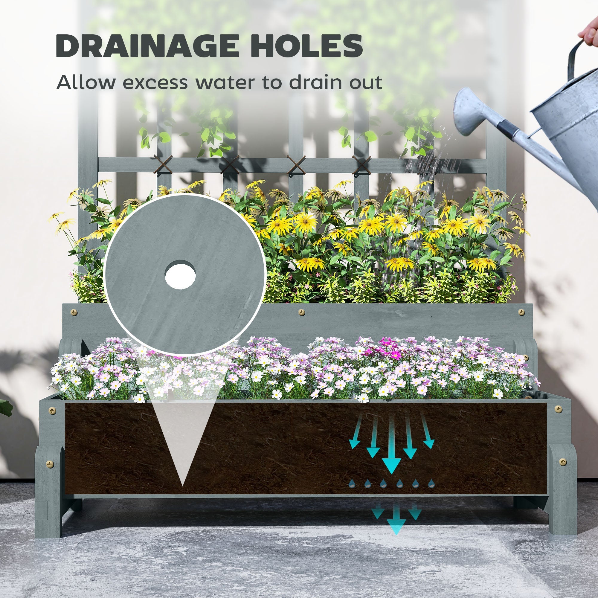 Outsunny 2-Tier Wooden Raised Bed with Trellis and Drainage Holes