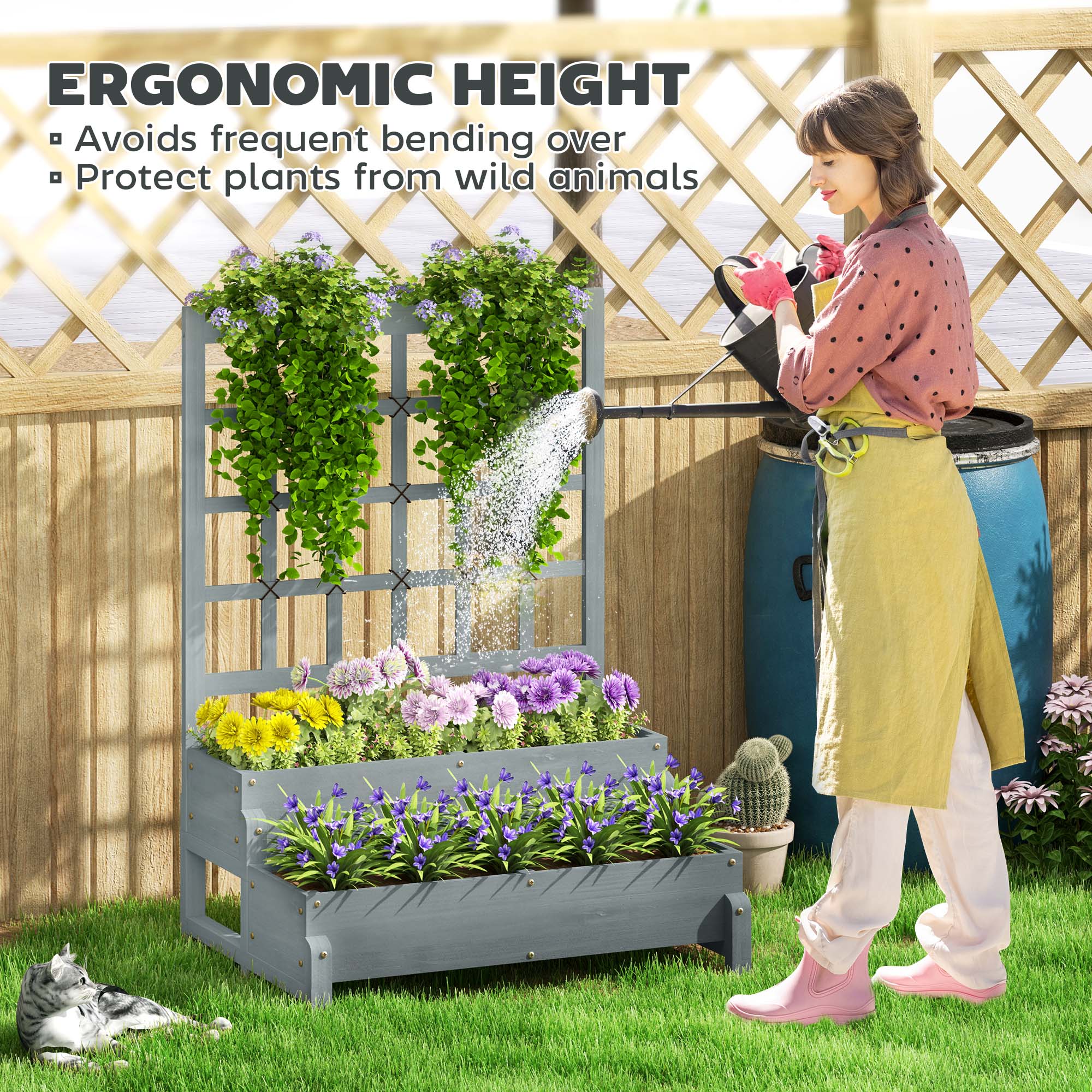 Outsunny 2-Tier Wooden Raised Bed with Trellis and Drainage Holes