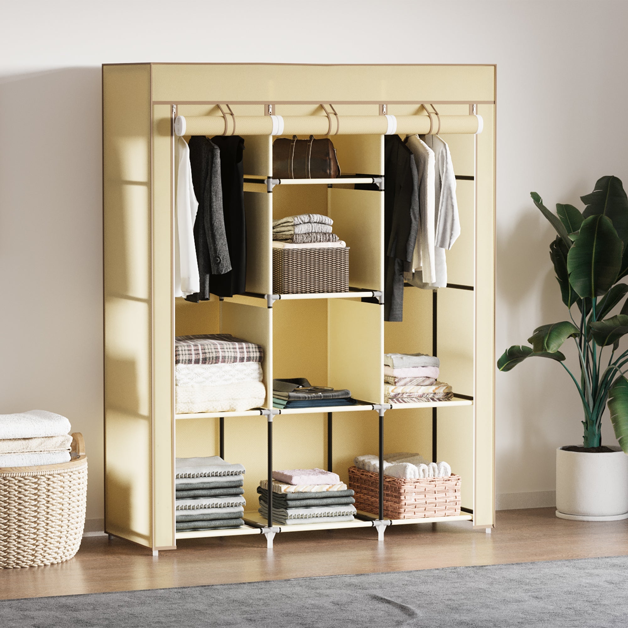 HOMCOM Fabric Portable Wardrobe with 8 Shelves 2 Hanging Rails