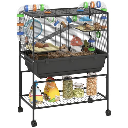 PawHut Hamster Cage, 3 Tier Gerbil Cage on Wheels with Storage Shelf