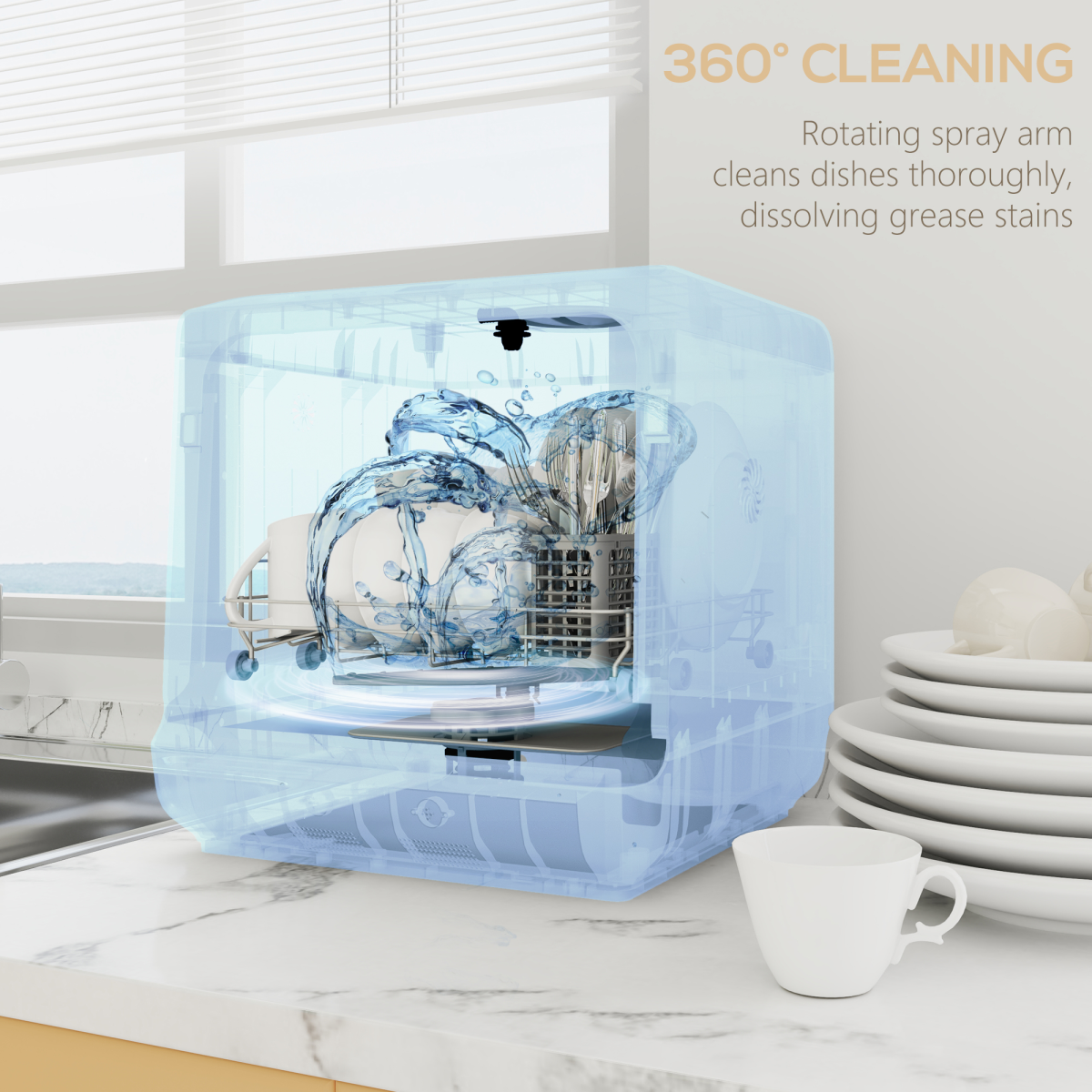 HOMCOM Worktop Dishwasher w/ 4 Place Settings 6 Programs, White