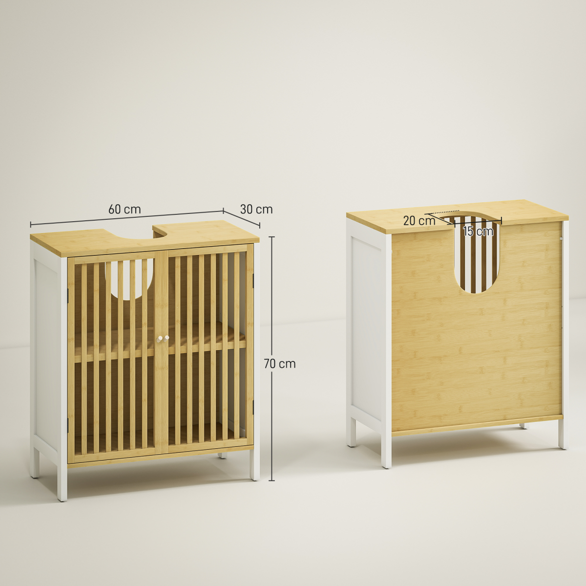 HOMCOM Under Sink Bathroom Cabinet, Bamboo Sink Storage Cabinet Slat Doors
