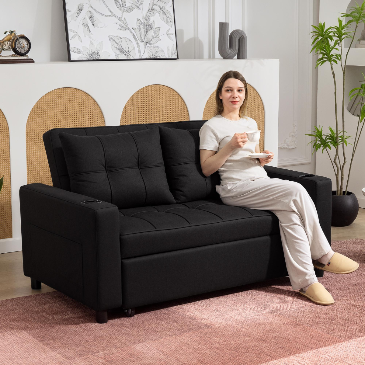 HOMCOM 2 Seater Pull Out Sofa Bed with Pockets for Living Room Beige