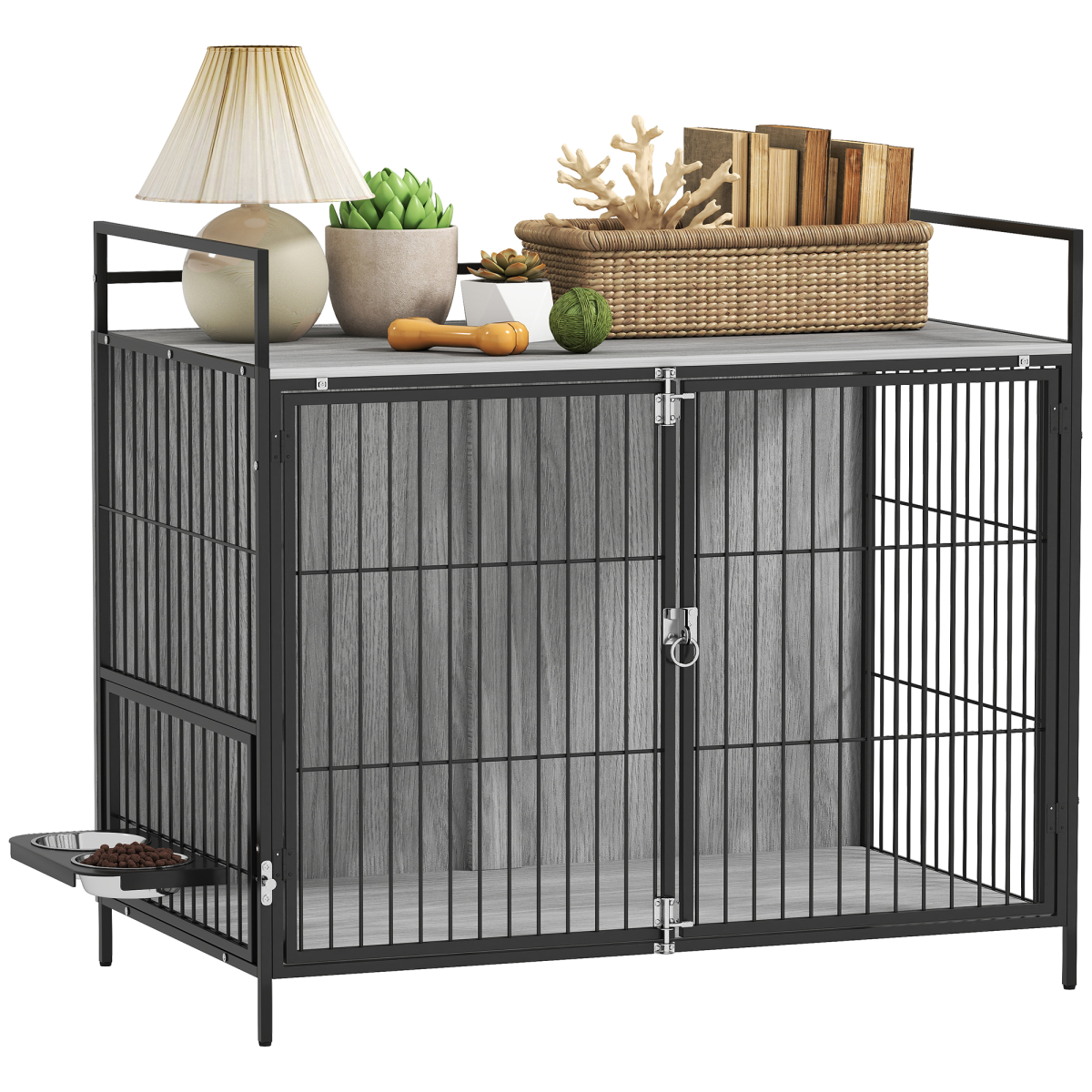 PawHut Dog Crate Furniture with Rotating Bowl Holder for Large Dogs