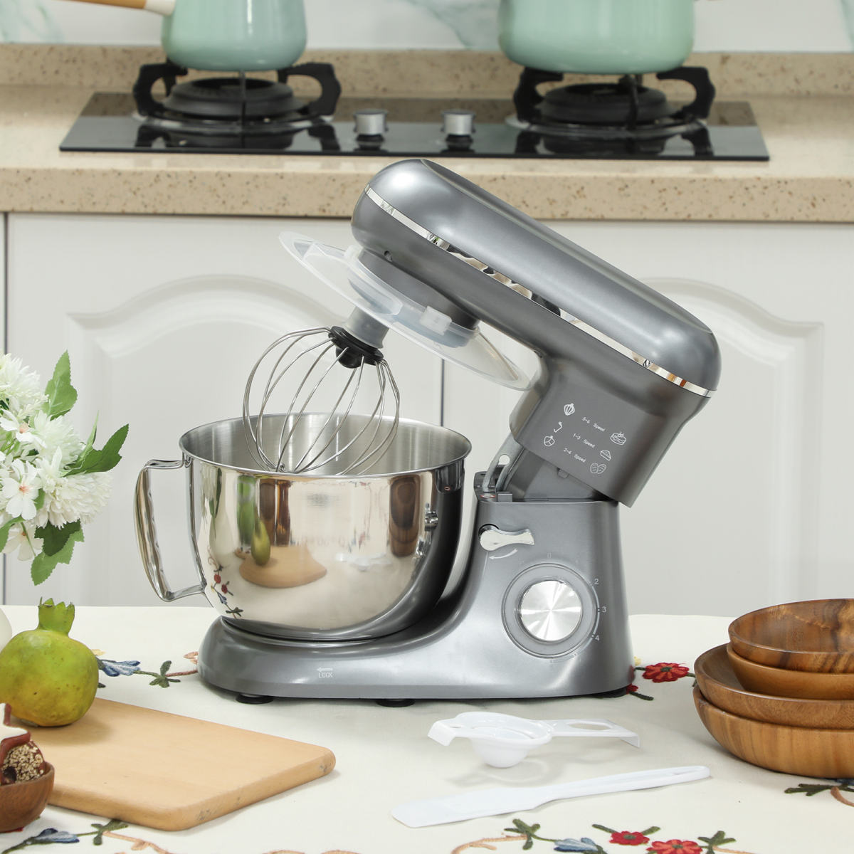 HOMCOM Electric Stand Mixer, 4.5L Food Mixer with Dough Hook, Whisk, Beige