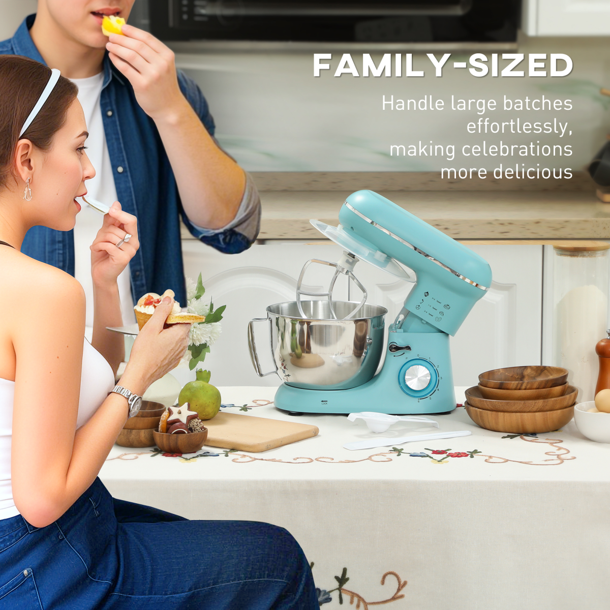 HOMCOM Electric Stand Mixer, 4.5L Food Mixer with Dough Hook, Whisk, Beige