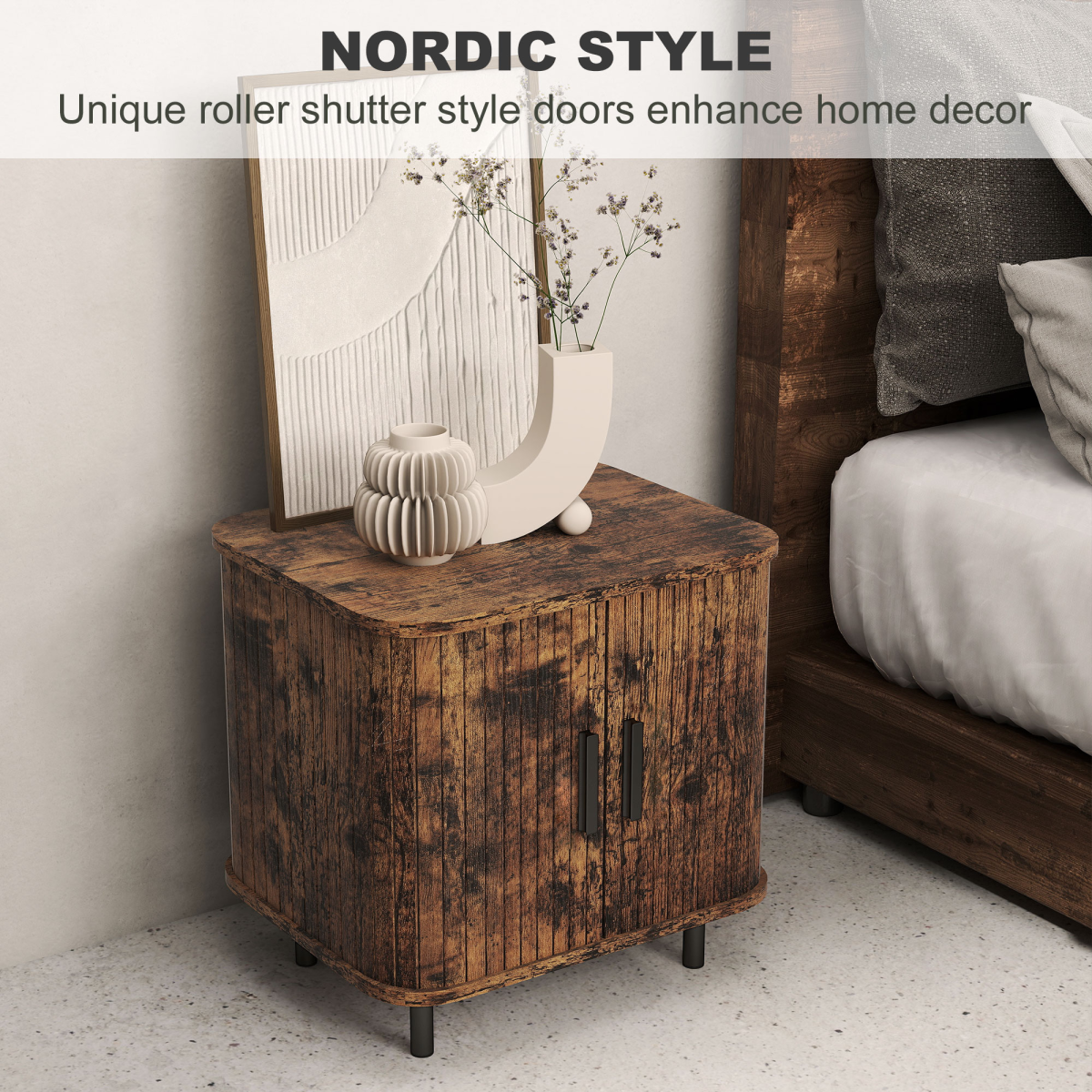 HOMCOM Nightstand with Sliding Doors and Metal Legs for Bedroom Grey