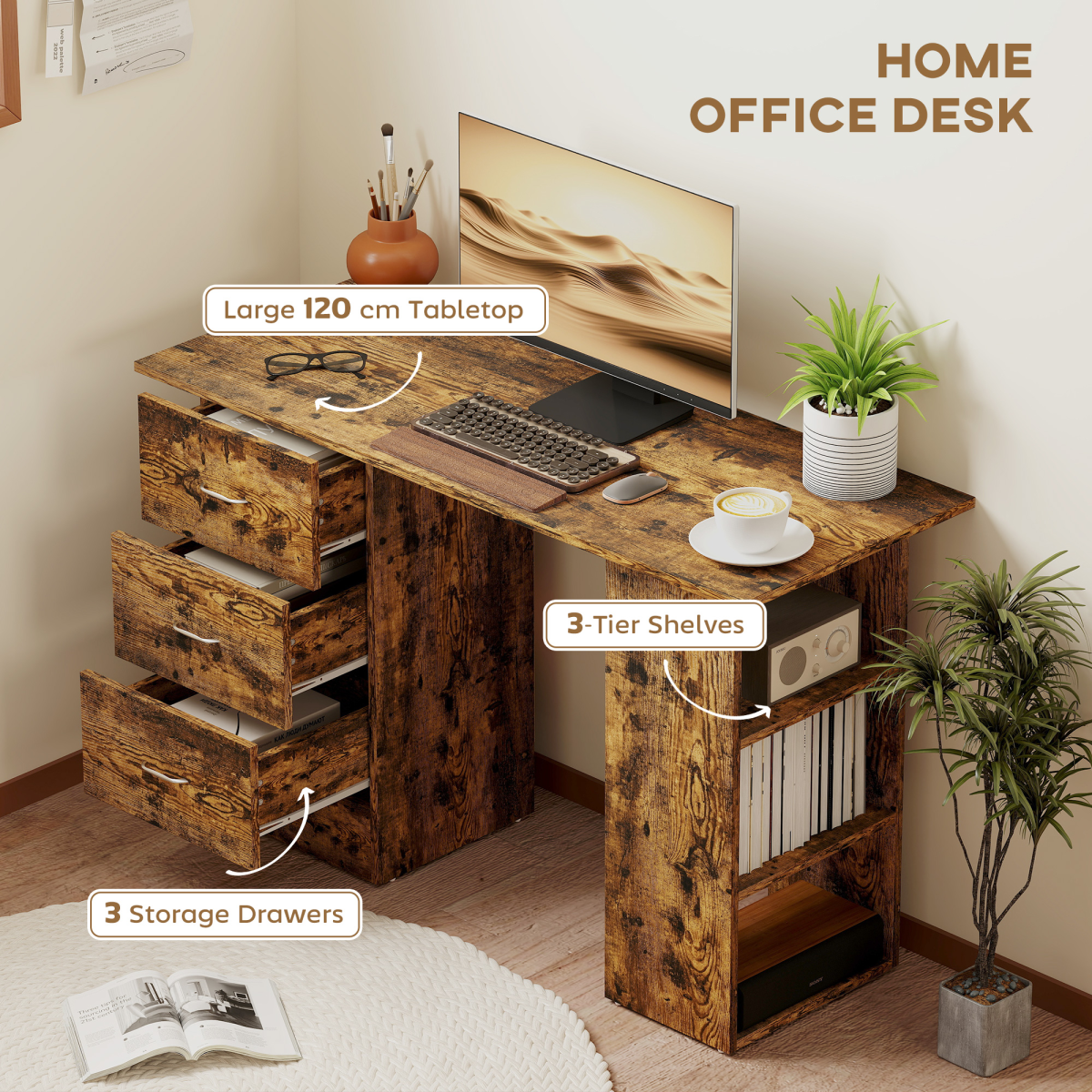 HOMCOM 120cm Computer Desk, Study Table with 3 Shelf & Drawers, Grey