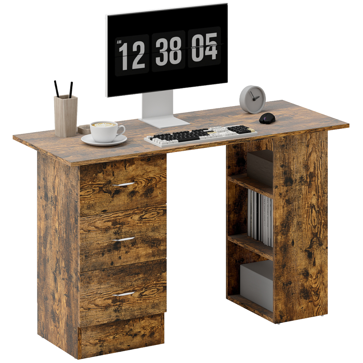HOMCOM 120cm Computer Desk, Study Table with 3 Shelf & Drawers, Grey