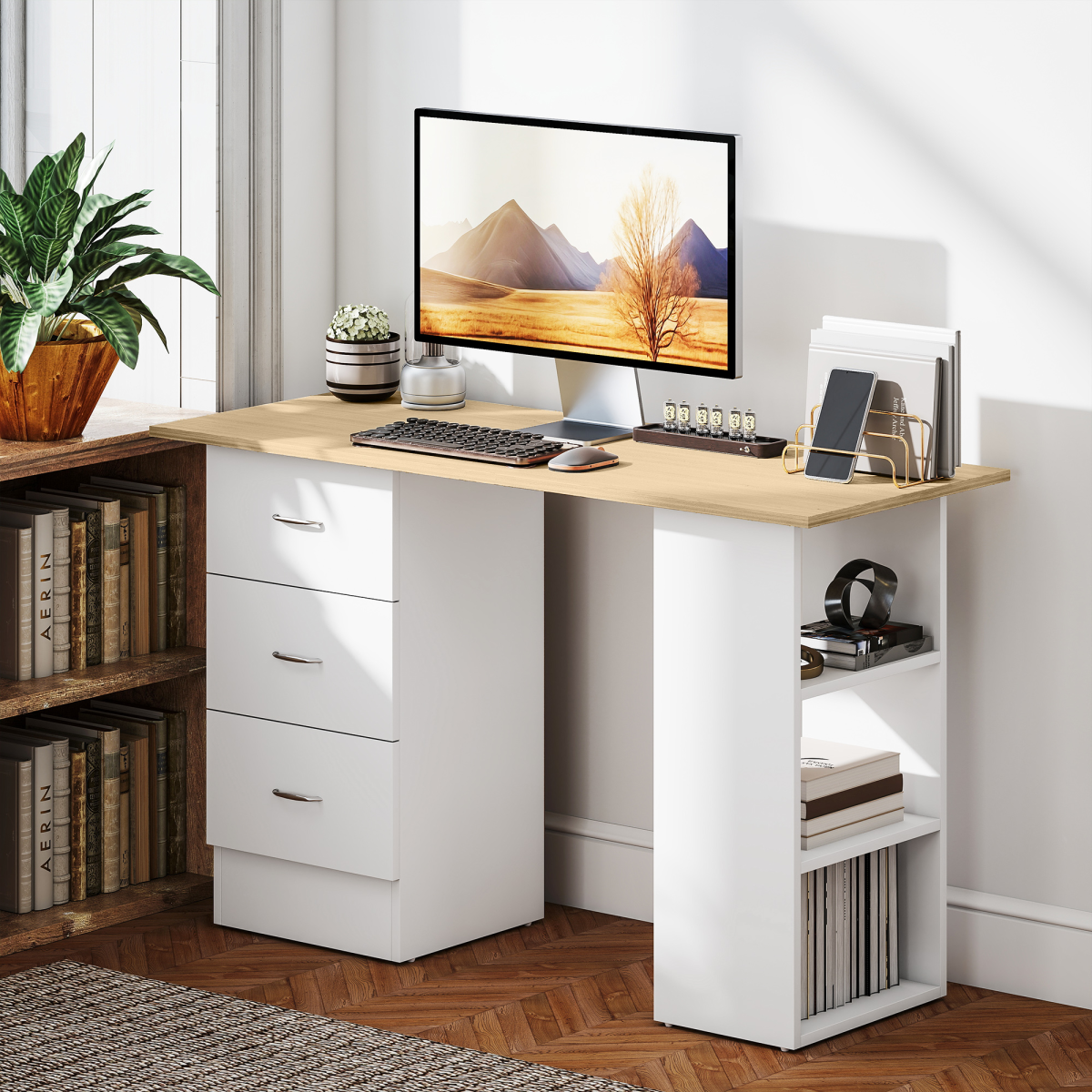 HOMCOM 120cm Computer Desk, Study Table with 3 Shelf & Drawers, Grey