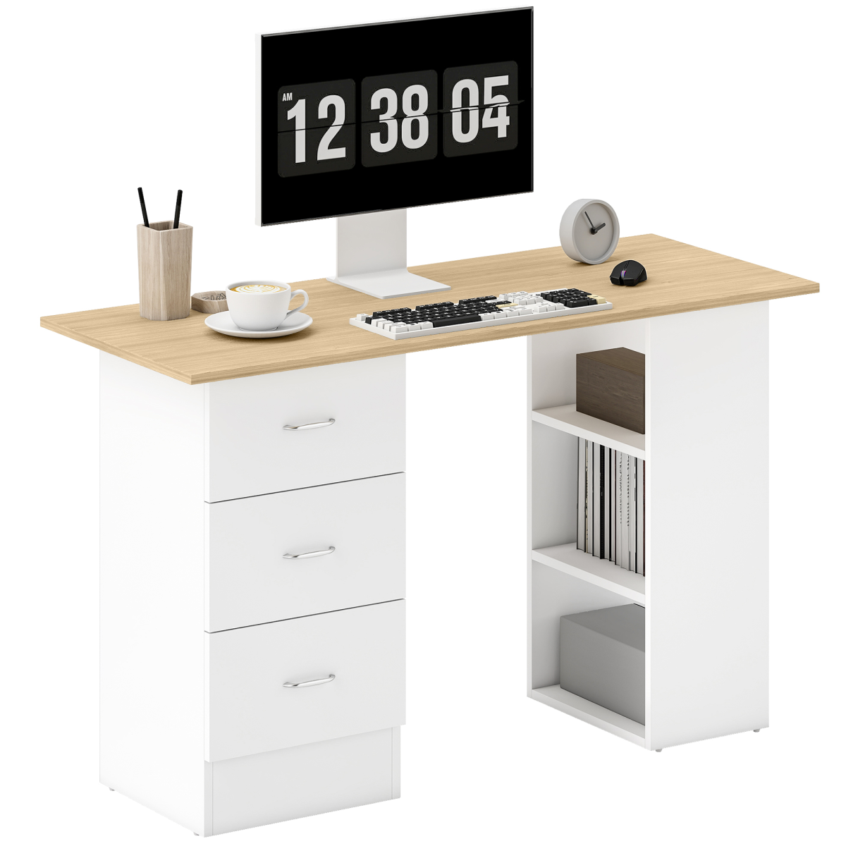 HOMCOM 120cm Computer Desk, Study Table with 3 Shelf & Drawers, Grey