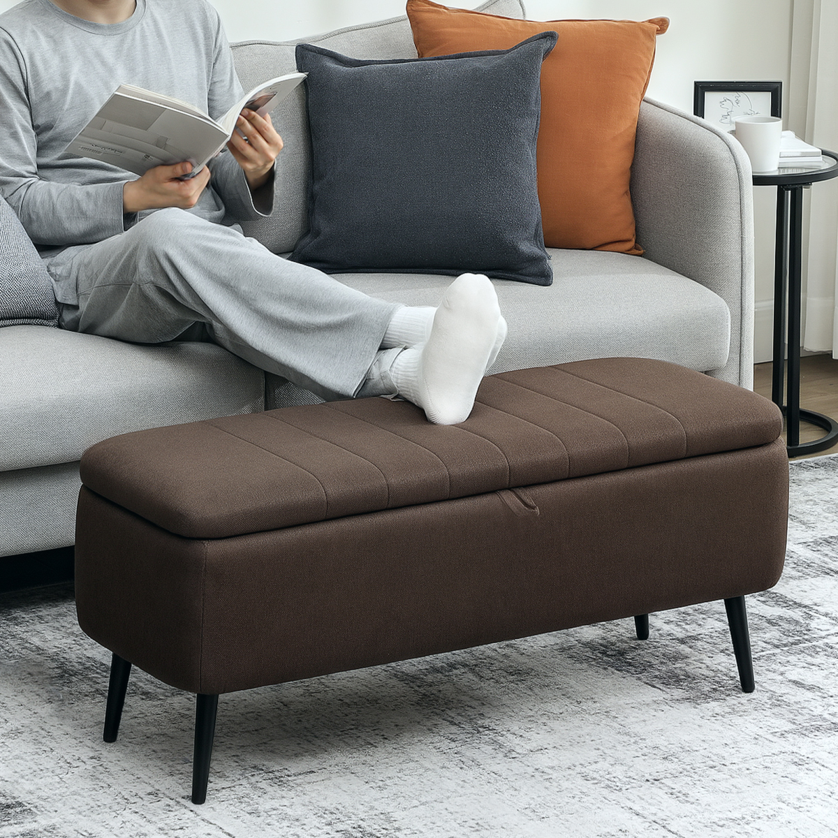 HOMCOM Storage Ottoman Bench, Linen Fabric Footstool with Steel Legs Blue