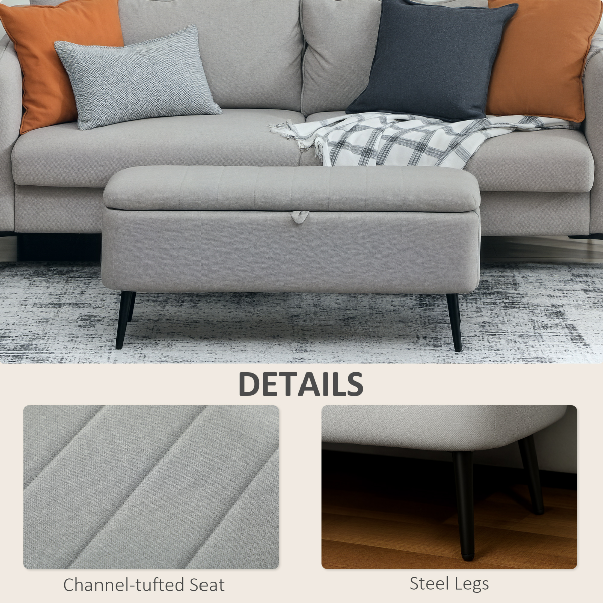 HOMCOM Storage Ottoman Bench, Linen Fabric Footstool with Steel Legs Blue