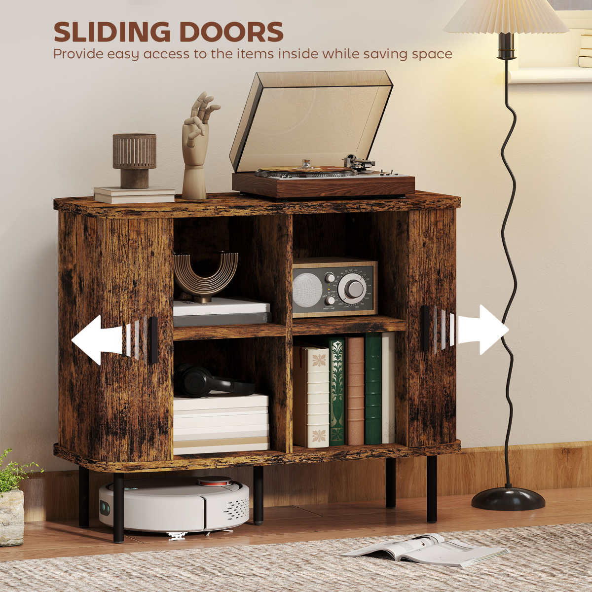 HOMCOM Sideboard Storage Cabinet with Slatted Tambour Sliding Doors Grey