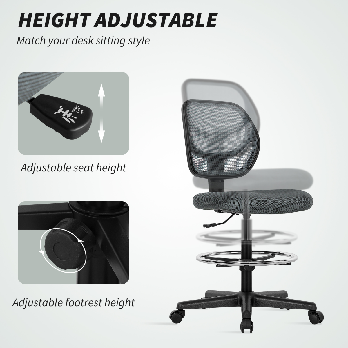 Vinsetto Swivel Mesh Office Chair w/ Adjustable Footrest Ring