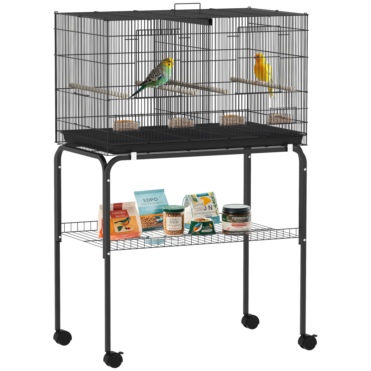 PawHut Bird Cage with Divider, 4 Wooden Perches, Slide Out Tray