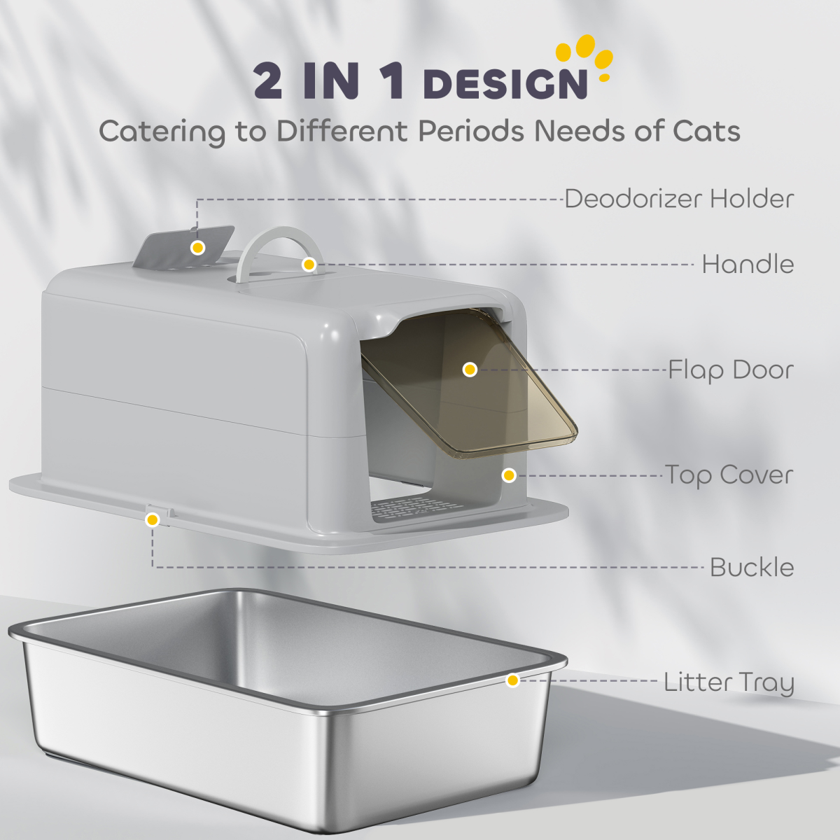 PawHut Stainless Steel Cat Litter Box with Removable Lid, Scoop