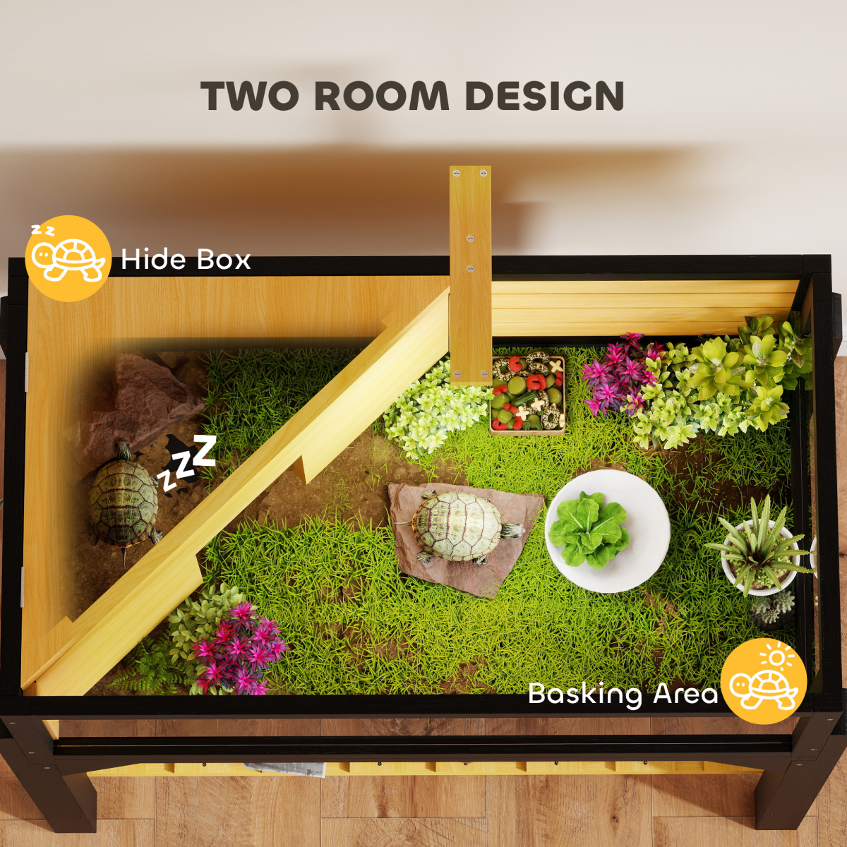 PawHut Wooden Tortoise House with Storage Shelf, Clear Observation Windows