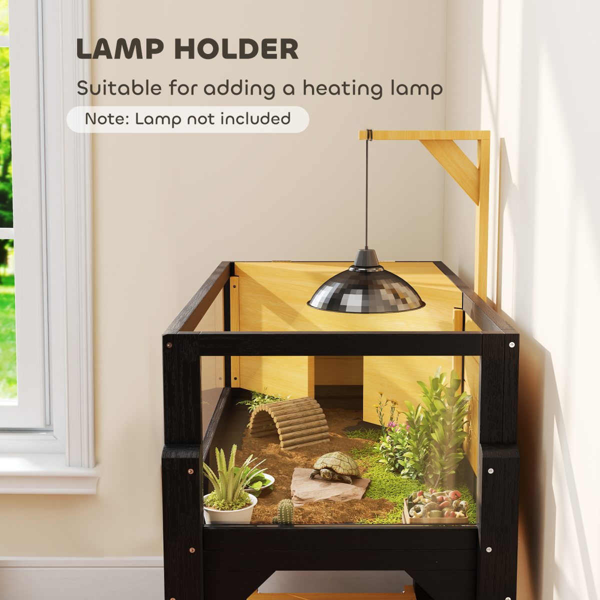 PawHut Wooden Tortoise House with Storage Shelf, Clear Observation Windows