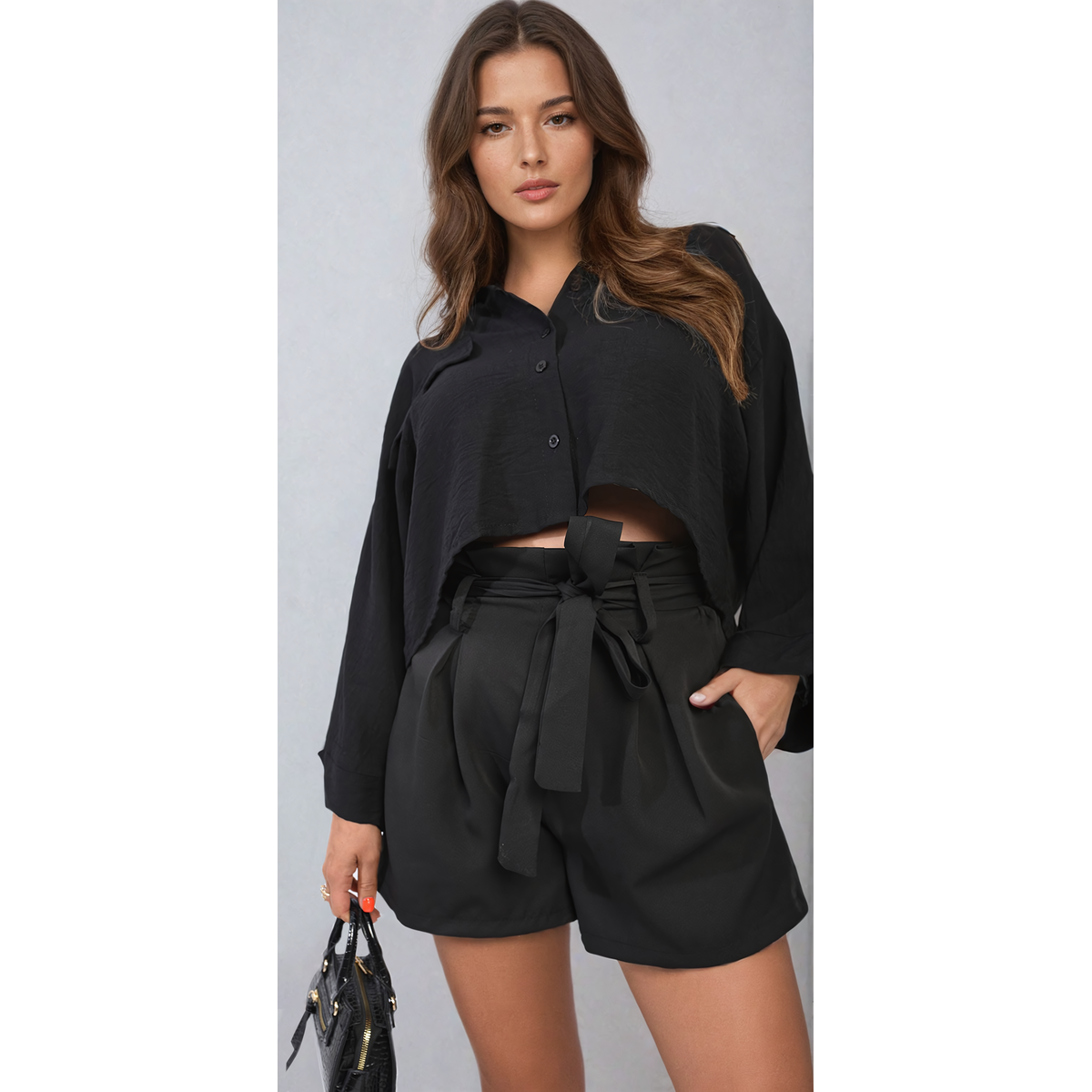 High Waist Tie Belt Paper Bag Shorts