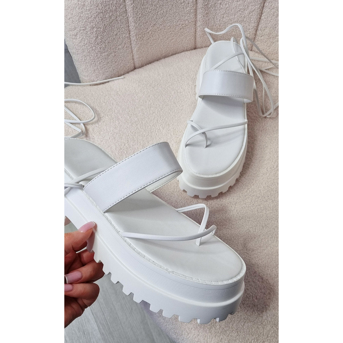 Faux Leather Strappy Lace Up Sandals