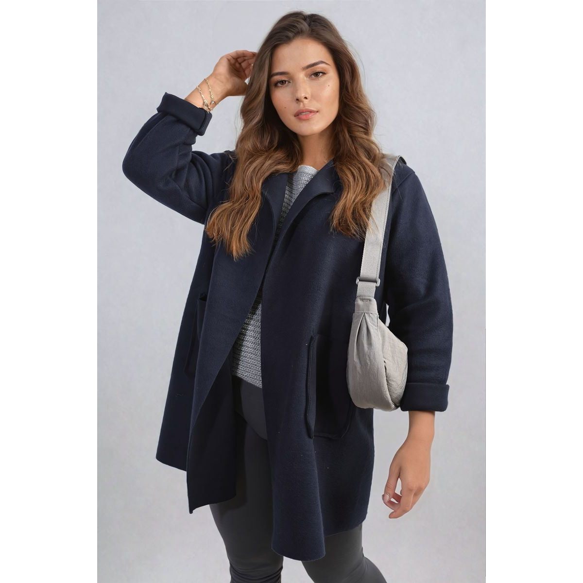 Open Front Folded Sleeve Jacket with Pockets