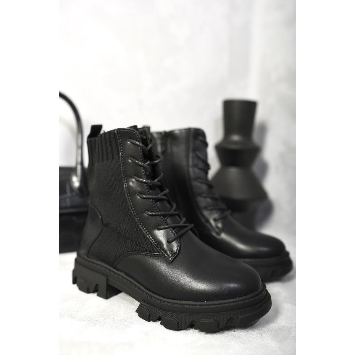Knit Lace Up Chunky Ankle Boots