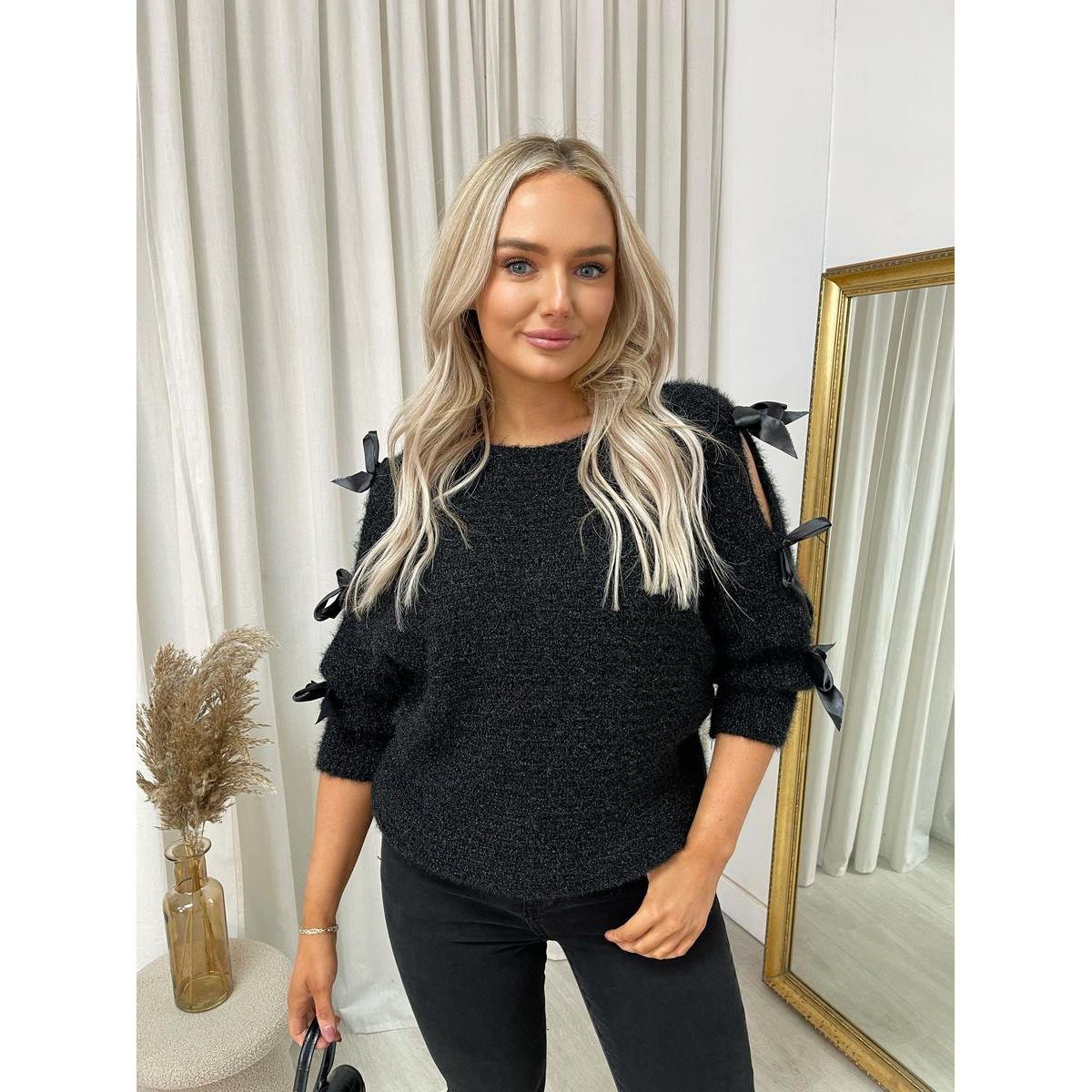 Cut Out Tie Bow Sleeve Detail Chunky Knitted Top