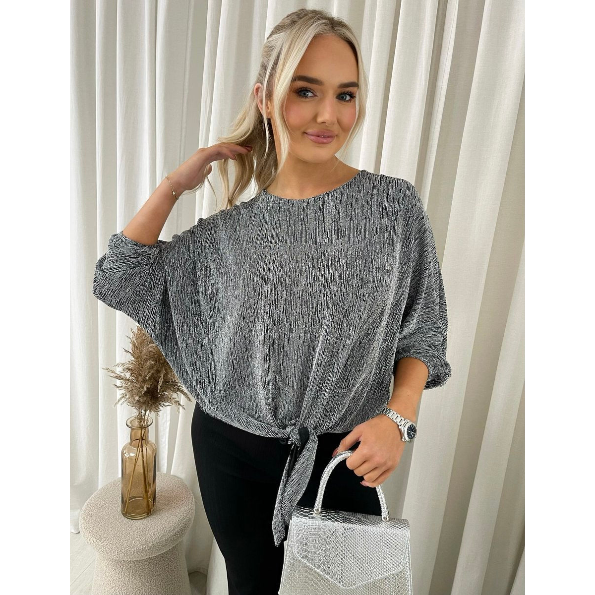 Shimmer Long Sleeve Tie Front Top
